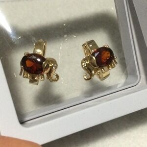 Laminated Gold Tone Elephant Earrings with Red Gemstone Accent‎ Animal Jewelry